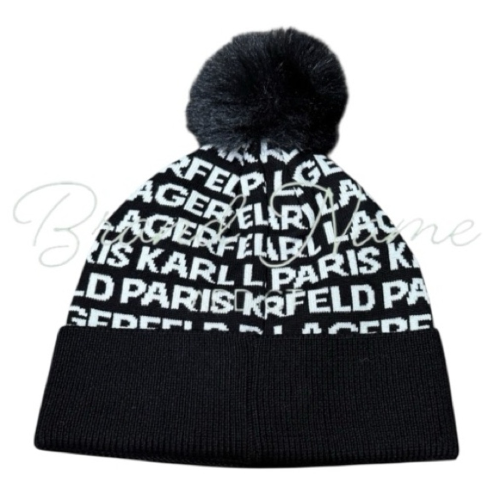 PRICE IS FIRM - Karl Lagerfeld Black and White Logo Pom Beanie Hat - Picture 3 of 6